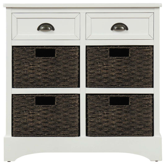 Armoire de rangement en bois massif Tobey avec 2 tiroirs et 4 paniers en rotin, armoire d'appoint blanche | Buffet De Rangement Tobey En Bois Massif Avec 2 Tiroirs Et 4 Paniers En Rotin, Blanc
