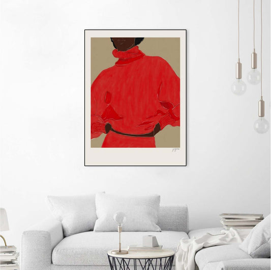 Œuvre d'art murale sur toile encadrée noire « Femme en rouge » 24 x 32
