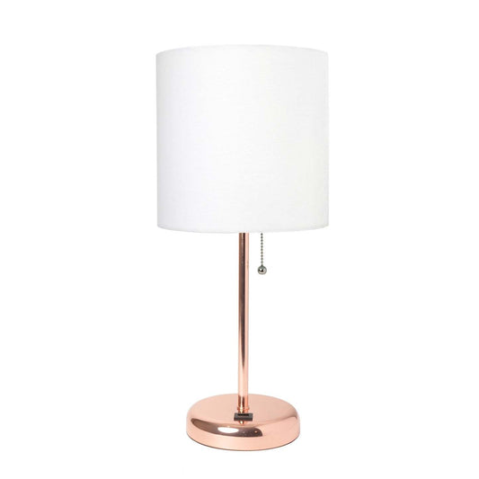 Limelights Rose Gold Stick Lamp with Usb Charging Port And Fabric Shade, White Table Lamp|Lampe de table Limelights blanche avec pied mince or rose et port de recharge USB|D21FX7PW