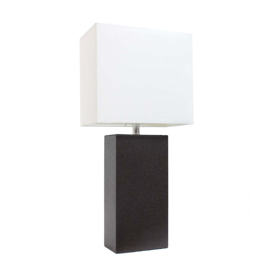 Lampe de table moderne Elegant Designs en cuir avec abat-jour en tissu blanc, brun expresso | D215XMNW