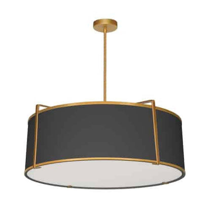 Dainolite Trapezoid 4 Light Pendant Drum Gold/Black Shade White Fabric Diffuser Lamp|Luminaire suspendu Trapezoid de Dainolite avec abat-jour cylindrique doré et noir qui diffuse la lumière, tissu blanc et 4 ampoules