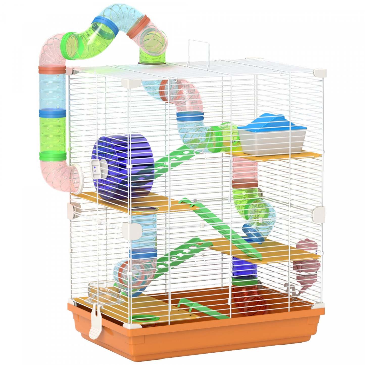 Pawhut Cage A Hamster A 5 Niveaux Portable Pour Animaux De Compagnie Avec Roues D'exercice, Tube De Jeu Wa