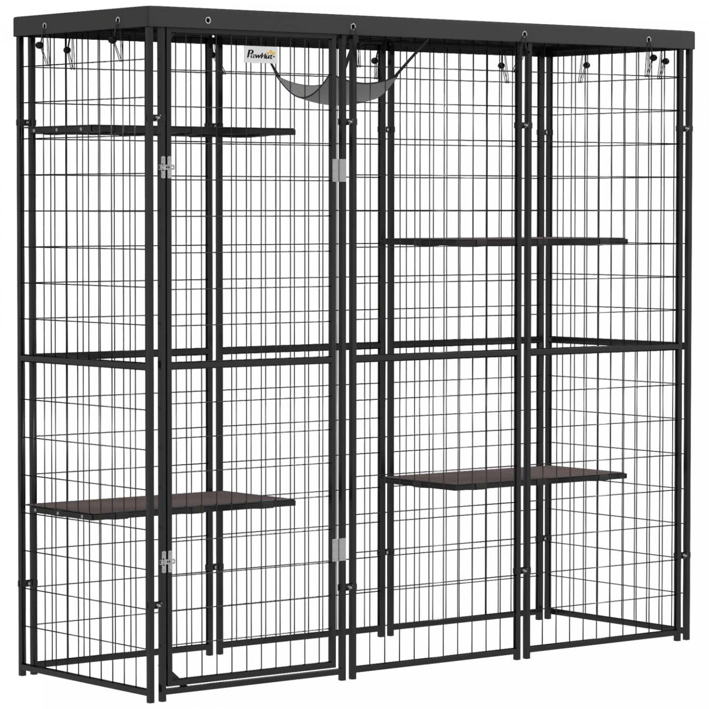 Pawhut Catio Enclos extérieur pour chats, Maison pour chats en fil soudé avec couverture imperméable, 4 plateformes de saut, hamac, cage pour chats d'intérieur pour 1 à 3 chatons, 69 X 22 X 62, Noir