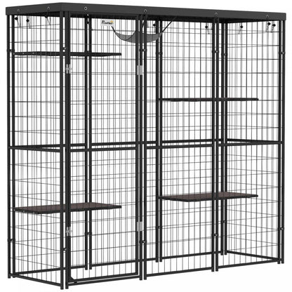 Pawhut Catio Enclos extérieur pour chats, Maison pour chats en fil soudé avec couverture imperméable, 4 plateformes de saut, hamac, cage pour chats d'intérieur pour 1 à 3 chatons, 69 X 22 X 62, Noir