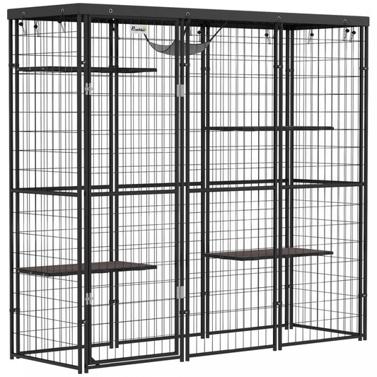 Pawhut Catio Enclos extérieur pour chats, Maison pour chats en fil soudé avec couverture imperméable, 4 plateformes de saut, hamac, cage pour chats d'intérieur pour 1 à 3 chatons, 69 X 22 X 62, Noir