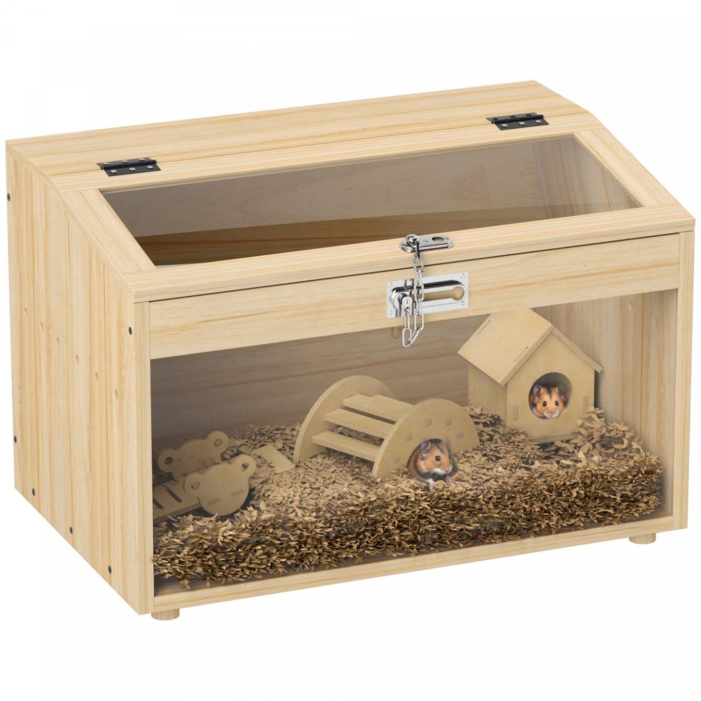 Pawhut 22l Cage à Hamster, Cage pour Petit Animal avec Couvercle Ouvert et Fenêtres en Acrylique Transparent, Enclos pour Hamster avec Cabane, Balançoire, Échelle, Pour Hamster Nain, Gerbille, Bois Naturel