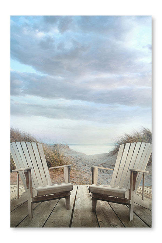 Terrasse en bois avec chaises, dunes de sable et océan : cadre et panneau de tissu 16 x 24 po | D44G88B3