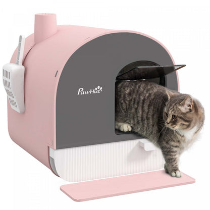 Pawhut Grande Litière pour Chat avec Couvercle, Litière pour Chat Enfermée avec Plateau Amovible, Pelle, Filtre, Rose