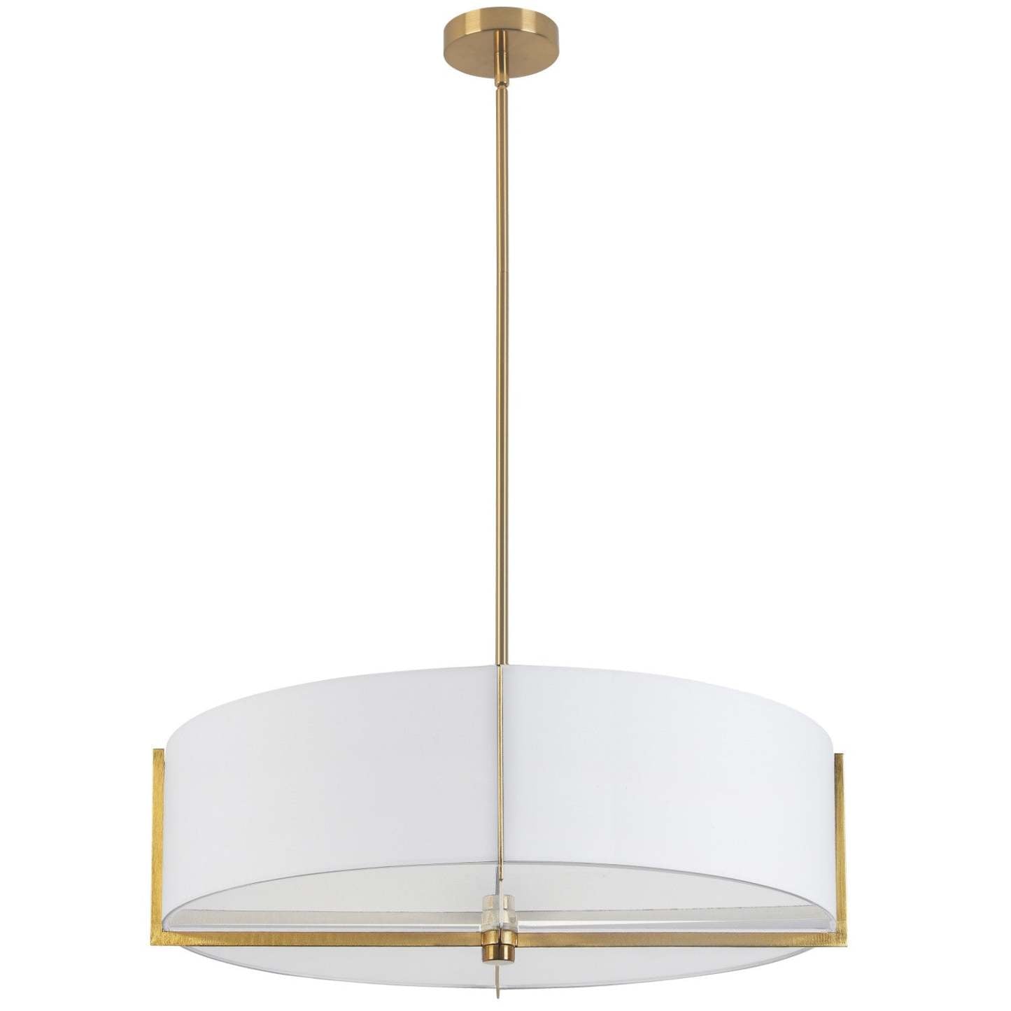 Dainolite Preston 4 Light Pendant 26 Dia Aged Brass White Shade Lamp|Luminaire suspendu Preston de Dainolite de 26 po de diamètre avec abat-jour blanc, fini laiton vieilli et 4 ampoules