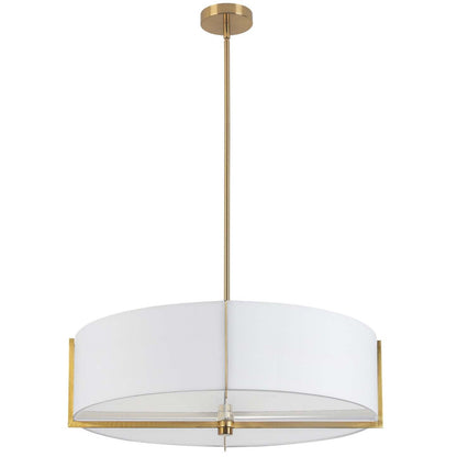 Dainolite Preston 4 Light Pendant 26 Dia Aged Brass White Shade Lamp|Luminaire suspendu Preston de Dainolite de 26 po de diamètre avec abat-jour blanc, fini laiton vieilli et 4 ampoules