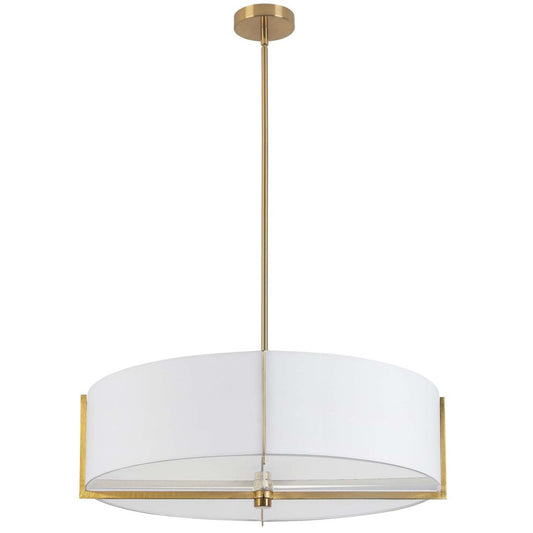 Dainolite Preston 4 Light Pendant 26 Dia Aged Brass White Shade Lamp|Luminaire suspendu Preston de Dainolite de 26 po de diamètre avec abat-jour blanc, fini laiton vieilli et 4 ampoules