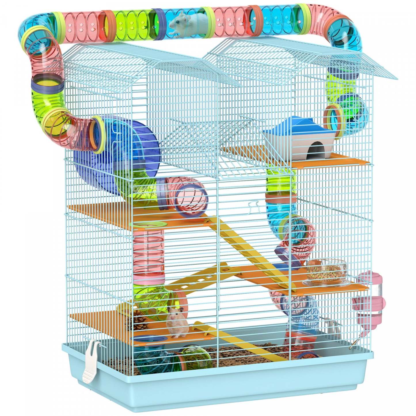 Pawhut 18.5 Cage à Hamster, Maison pour Petit Animal à 5 Niveaux avec Système de Tube de Tunnel, Roue d'Exercice, Bouteille d'Eau, Gamelle, Rampe, Bleu Clair