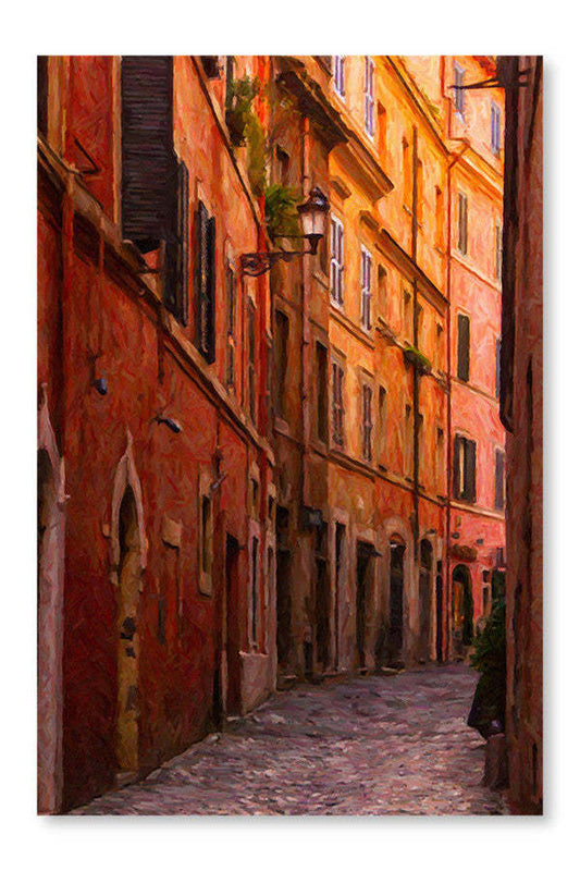 Tableau représentant une rue étroite de Rome, 28 x 42 cm, encadré et présenté sur un panneau de tissu | D44GBNOB