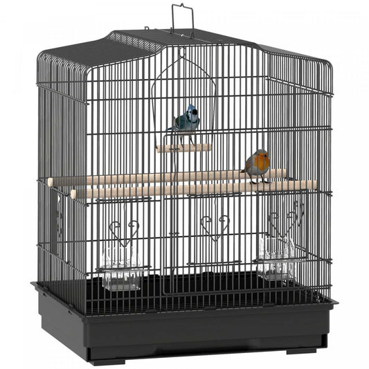 Pawhut 23 Cage à Oiseaux pour Pinsons, Canaris, Perruches, Cage à Perroquet avec Accessoires et Poignée, Noir