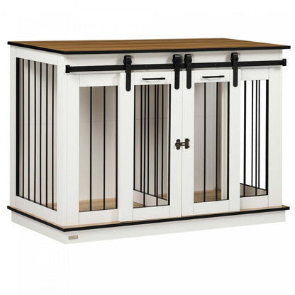 Pawhut Meuble Pour Cage De Chien Avec Panneau De Séparation, Meuble Tv En Bois Pour Grands Chiens, Maison Pour Animaux