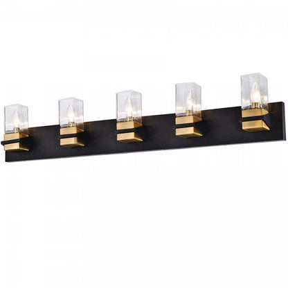 Dainolite Veronica 5 Light Vanity Light Matte Black/Aged Brass Clear Glass Lamp|Lumière de coiffeuse Veronica de Dainolite en verre transparent, avec fini noir mat et laiton vieilli et 5 ampoules
