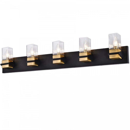 Dainolite Veronica 5 Light Vanity Light Matte Black/Aged Brass Clear Glass Lamp|Lumière de coiffeuse Veronica de Dainolite en verre transparent, avec fini noir mat et laiton vieilli et 5 ampoules