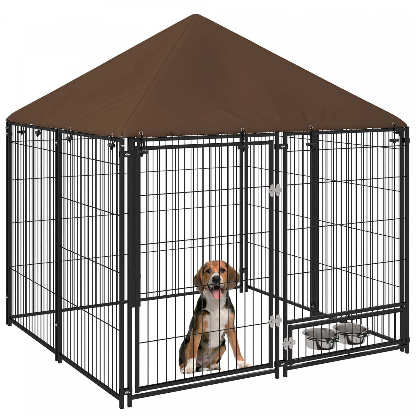 Pawhut Chenil Exterieur Pour Chien De 4.6' X 4.6' X 5' Avec Auvent, Bols Rotatifs, Porte Pour Cour E