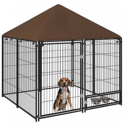 Pawhut Chenil Exterieur Pour Chien De 4.6' X 4.6' X 5' Avec Auvent, Bols Rotatifs, Porte Pour Cour E