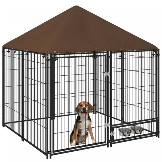 Pawhut Chenil Exterieur Pour Chien De 4.6' X 4.6' X 5' Avec Auvent, Bols Rotatifs, Porte Pour Cour E