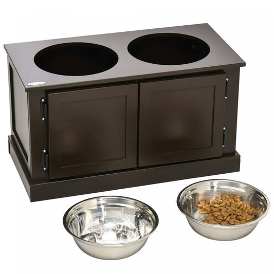 Pawhut Grand Support de Rangement pour Gamelles de Chiens Élevées, Cabinet de Rangement pour Nourriture de Chiens avec 2 Inox