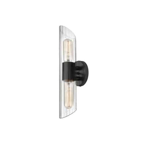 Dainolite Samantha 2 Light Vanity Light Short Matte Black Clear Fluted Glass Lamp|Petite lumière de coiffeuse Samantha de Dainolite en verre cannelé transparent, avec fini noir mat et 2 ampoules