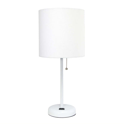 Lampe bâton blanche Limelights avec prise de charge et abat-jour en tissu, lampe de table blanche|Lampe de table Limelights blanche avec pied mince blanc et prise de recharge|D21U1R0U