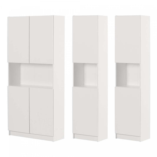 Liora Set Of Bookcase And 2 2-door Narrow Bookcases - Pure White | Liora Ensemble Bibliotheque Et 2 Bibliotheques Etroites 2 Portes - Blanc Solide
