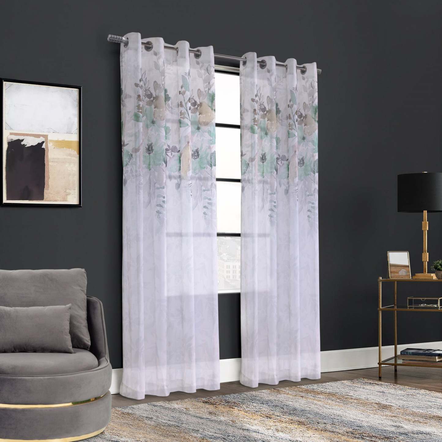 Habitat Floralie Olive Light Filtering Grommet Curtain Panel - 52 x 84|Panneau de rideau filtrant la lumière à œillets Floralie olive d'Habitat - 52 x 84