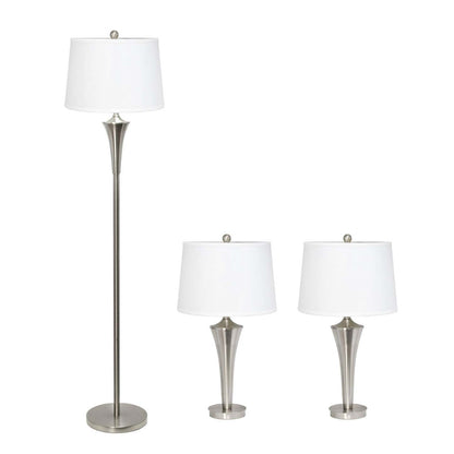 Ensemble de 3 lampes effilées Elegant Designs (2 lampes de table, 1 lampadaire) avec abat-jour blancs, nickel brossé|Ensemble 3 lampes effilées (2 lampes de table, 1 lampe à pied) Elegant Designs, nickel brossé|D21IIJLA