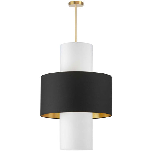 Dainolite Patrona 4 Light Pendant Aged Brass Black/Gold/White Shades Lamp|Luminaire suspendu Patrona de Dainolite avec abat-jour noir, doré et blanc, fini laiton vieilli et 4 ampoules