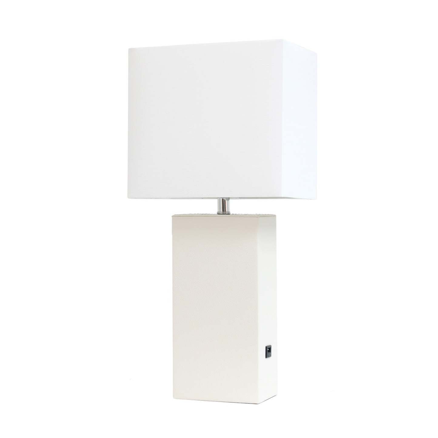 Lampe de table moderne Elegant Designs en cuir avec USB et abat-jour en tissu blanc, blanc|Lampe de table moderne Elegant Designs en cuir avec USB, blanche|D22917MY