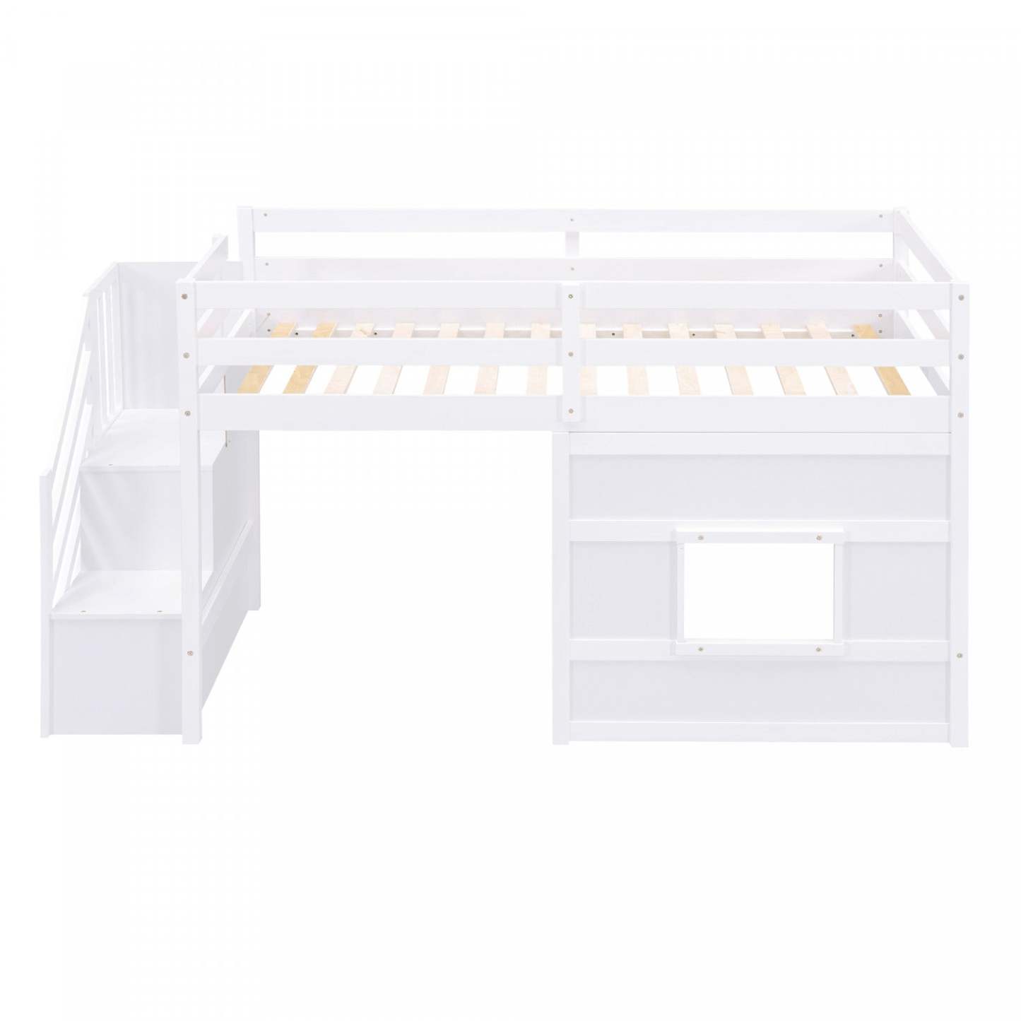 Lit mezzanine simple Martin en bois massif avec escalier de rangement, fenêtre de jeu, lumière LED - Blanc | Martin – Lit Mezzanine Simple En Bois Massif Avec Escaliers De Rangement, Fenetre Ludique Et Eclairage Del – Blanc