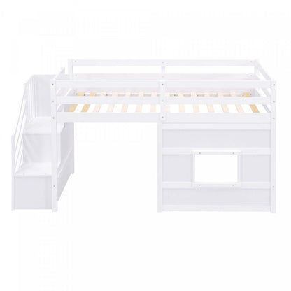 Lit mezzanine simple Martin en bois massif avec escalier de rangement, fenêtre de jeu, lumière LED - Blanc | Martin – Lit Mezzanine Simple En Bois Massif Avec Escaliers De Rangement, Fenetre Ludique Et Eclairage Del – Blanc
