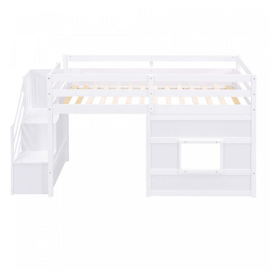 Lit mezzanine simple Martin en bois massif avec escalier de rangement, fenêtre de jeu, lumière LED - Blanc | Martin – Lit Mezzanine Simple En Bois Massif Avec Escaliers De Rangement, Fenetre Ludique Et Eclairage Del – Blanc