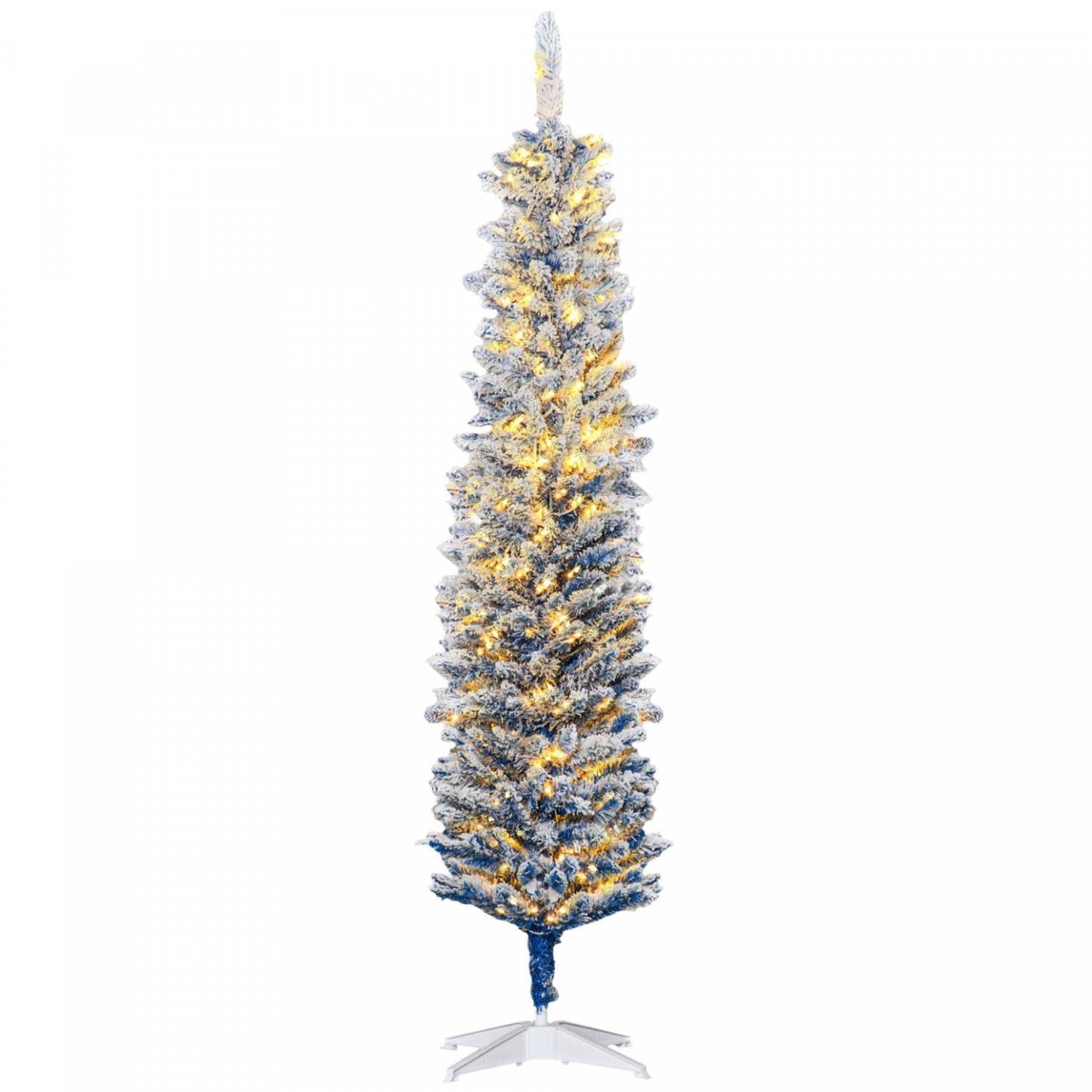 Homcom Arbre de Noël artificiel floqué mince de 6 pi avec lumière, bleu | Homcom Arbre de Noël Artificiel Pré-éclairé de 6 Pi, Pointes Enneigées