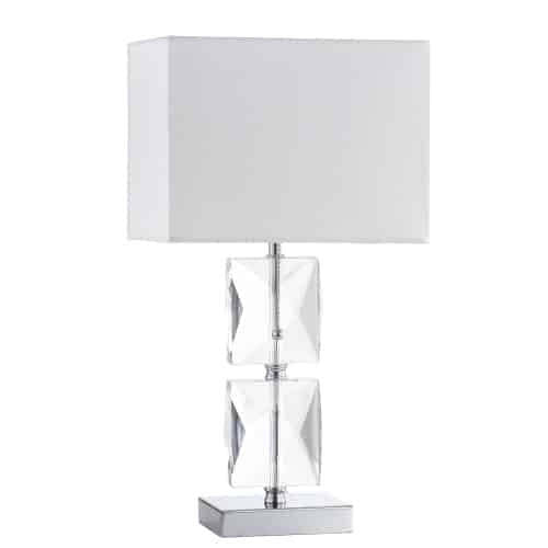 Lampe de table Crystal de Dainolite en cristal de forme carrée, avec abat-jour blanc, finition chromé poli et 1 ampoule