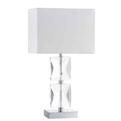 Lampe de table Crystal de Dainolite en cristal de forme carrée, avec abat-jour blanc, finition chromé poli et 1 ampoule