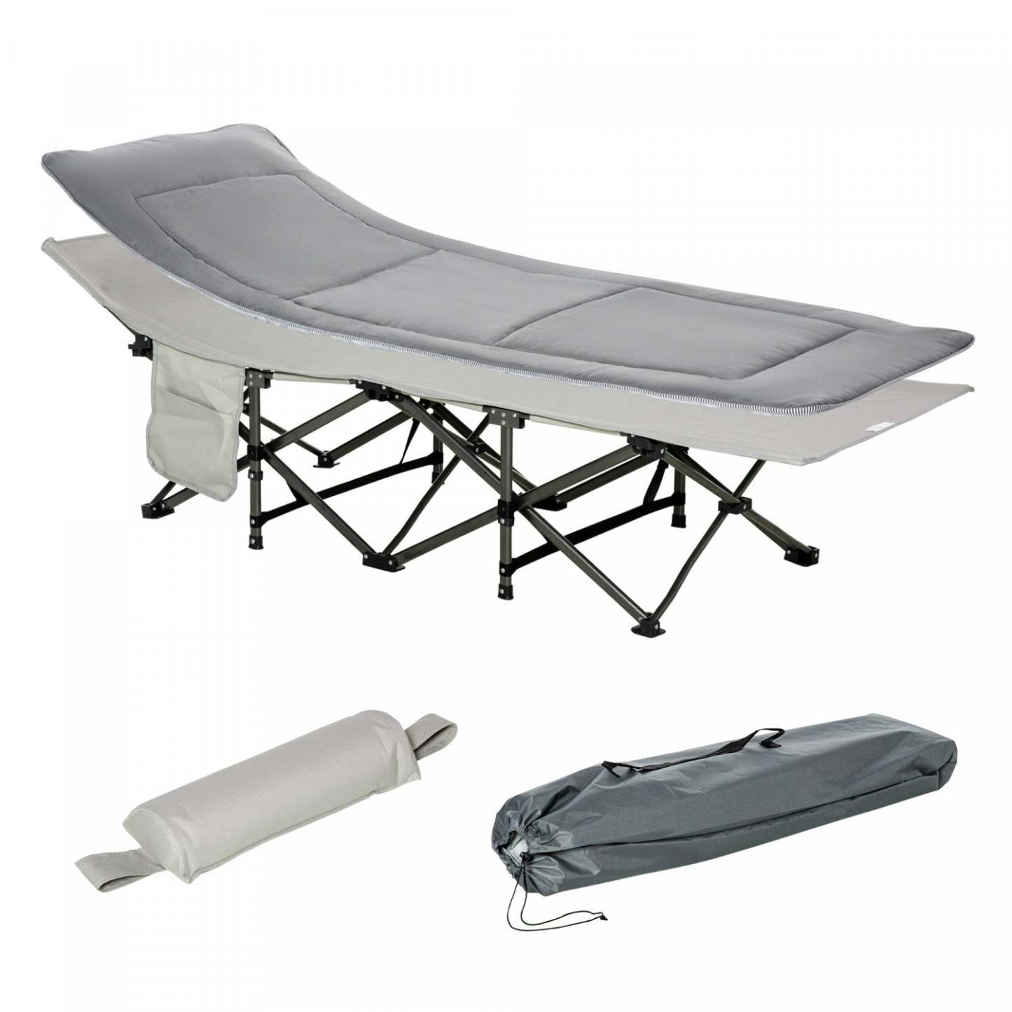 Lit de camping pliant Outsunny pour adultes avec matelas et oreiller gris clair
