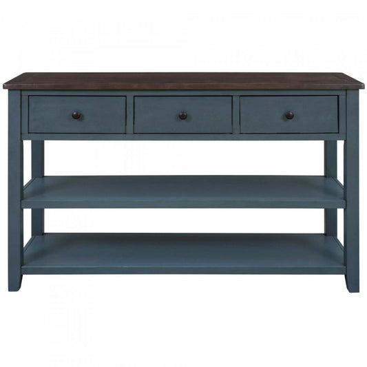 Wendy Table console en bois massif avec 3 tiroirs et 2 étagères ouvertes, armoire d'appoint bleu marine | Console Wendy En Bois Massif Avec 3 Tiroirs Et 2 Etageres Ouvertes, Bleu Marine