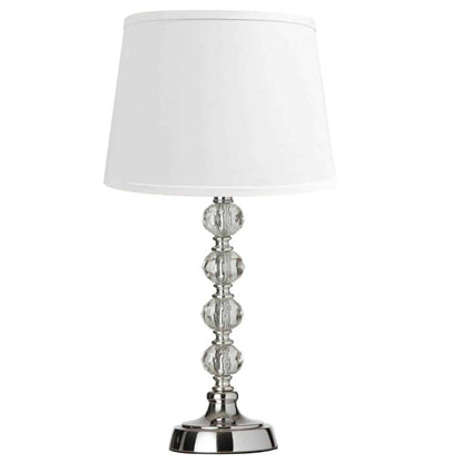 Lampe de table Crystal 1 lumière de Dainolite, boule de cristal courte, abat-jour blanc, finition chrome poli | Petite lampe de table Crystal de Dainolite en forme de boule de cristal, avec abat-jour blanc, fini chromé poli et 1 ampoule