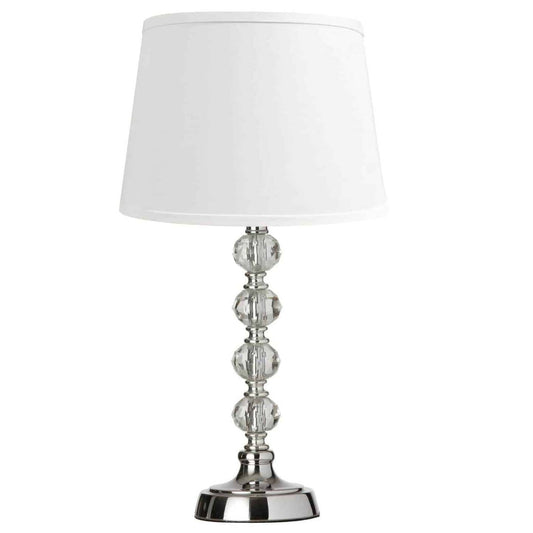 Lampe de table Crystal 1 lumière de Dainolite, boule de cristal courte, abat-jour blanc, finition chrome poli | Petite lampe de table Crystal de Dainolite en forme de boule de cristal, avec abat-jour blanc, fini chromé poli et 1 ampoule