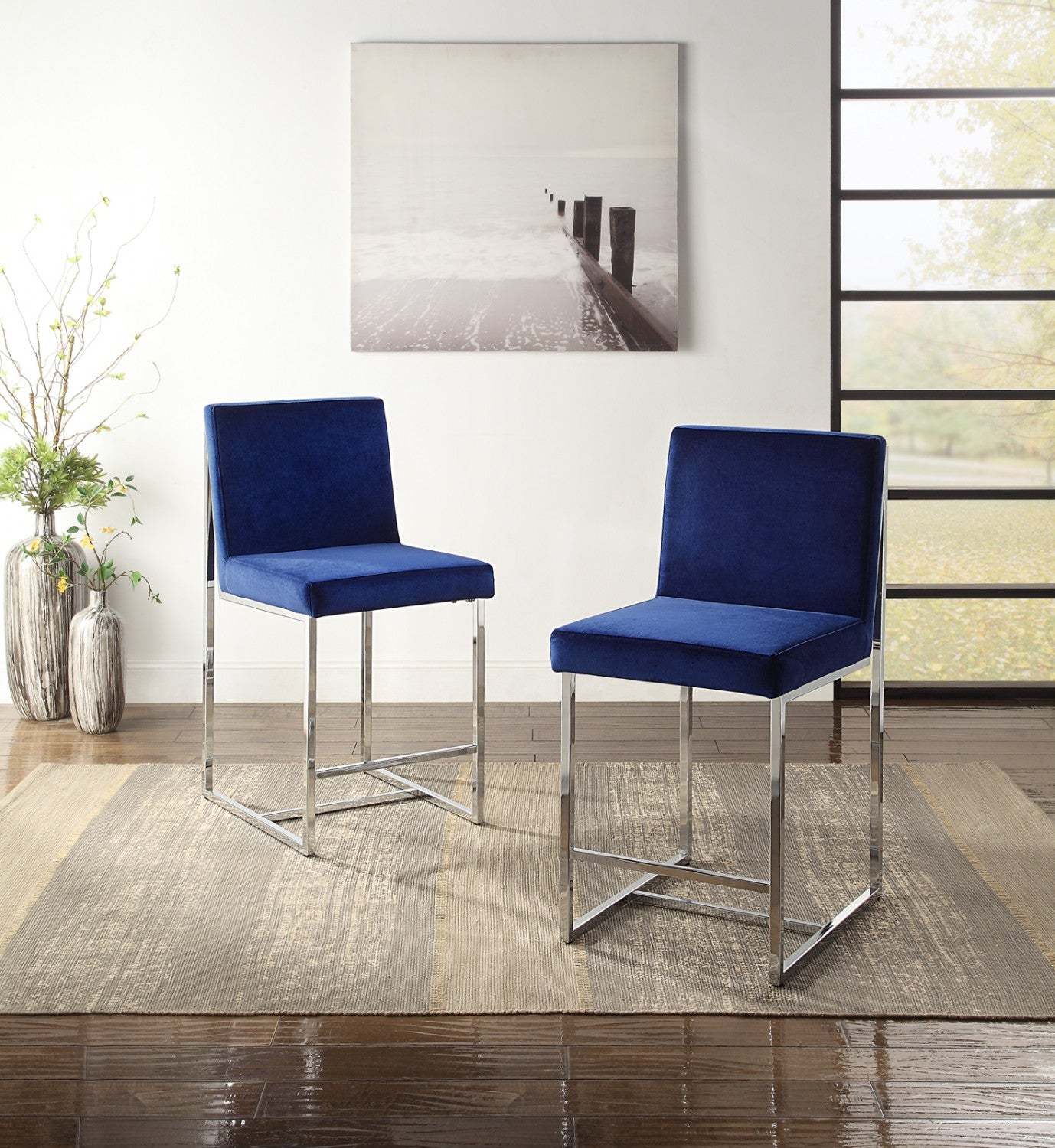 Chaise d'auteur comptoir Luxembourg, bleu et chrome (ensemble de 2) | Chaise à hauteur de comptoir Luxembourg, bleu et chrome (lot de 2)