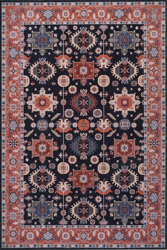 Aqua Black Star Washable Non-slip Low Pile Area Rug 5'x7' | Tapis Étoile Noire Lavable Antidérapant À Poils Ras 5'x7'