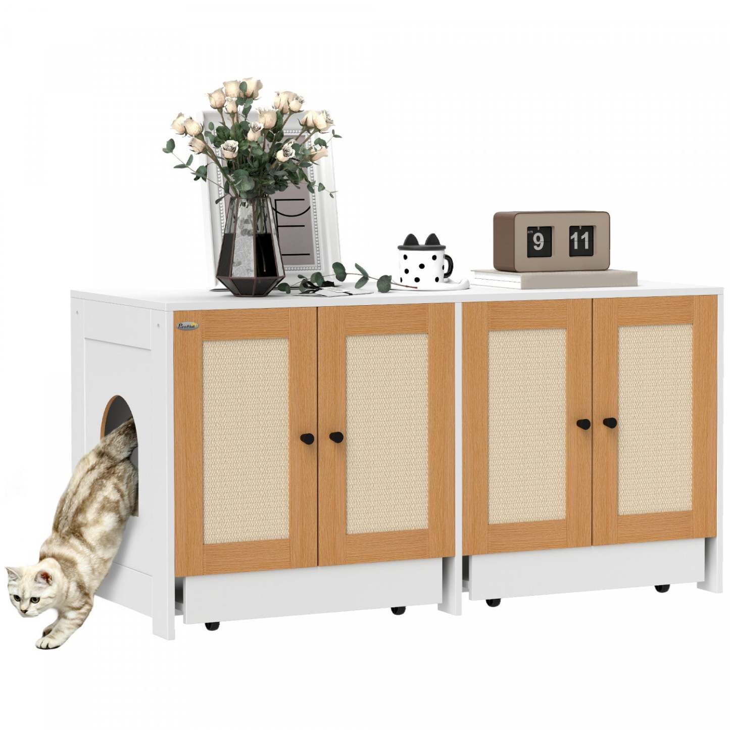 Pawhut Bac à Litière Pour Chat, Meuble à Litière Caché Avec Plateau Tiroir, Salle de Bain Intérieure Pour Chat|Pawhut Bac A Litiere Pour Chat, Table D'appoint Cachee Avec 2 Armoires, Tapis A Gratter, Plateaux Co