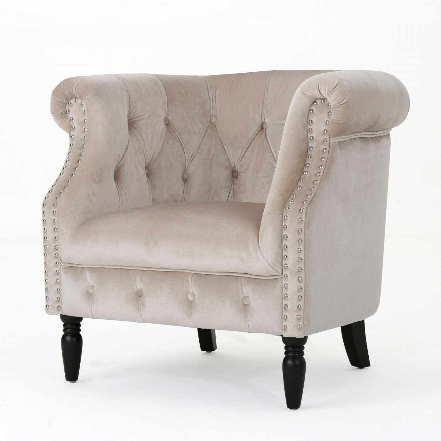 Chaise en tissu velours Akira avec capitonnage à boutons et garniture cloutée - Champagne | Fauteuil Akira En Tissu Velours Avec Capitonnage À Boutons Et Bordure Clouée - Couleur Champagne