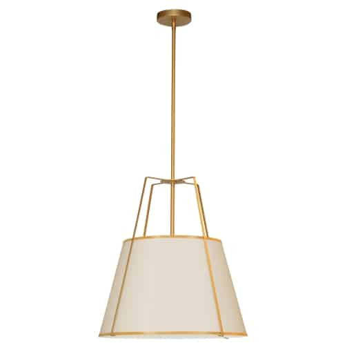 Dainolite Trapezoid 3 Light Pendant Trapezoid Gold/Cream Shade White Fabric Diffuser Lamp|Luminaire suspendu Trapezoid de Dainolite avec abat-jour trapézoïde doré et crème qui diffuse la lumière, tissu blanc et 3 ampoules
