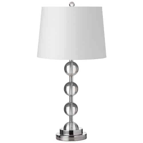 Lampe de table Crystal de Dainolite en forme de boule de cristal, avec abat-jour blanc, fini chromé poli et 1 ampoule