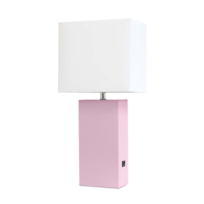 Lampe de table moderne Elegant Designs en cuir avec USB et abat-jour en tissu blanc, rose tendre|Lampe de table moderne Elegant Designs en cuir avec USB, rose tendre|D21PMNEU
