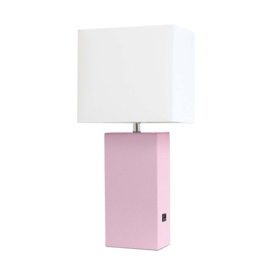 Lampe de table moderne Elegant Designs en cuir avec USB et abat-jour en tissu blanc, rose tendre|Lampe de table moderne Elegant Designs en cuir avec USB, rose tendre|D21PMNEU